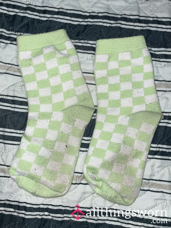 Light Green And White Checkered Socks