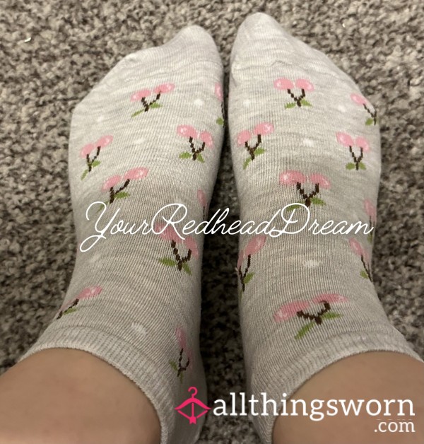Light Grey Cherry Print Ankle Socks