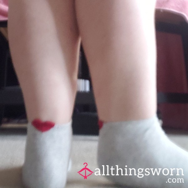 🩶Light Grey/Red Heart Ankle Socks❤️ Cute Socks, Worn On Smelly Feet, Proof Of Wear And Free Shipping🇨🇦🩶