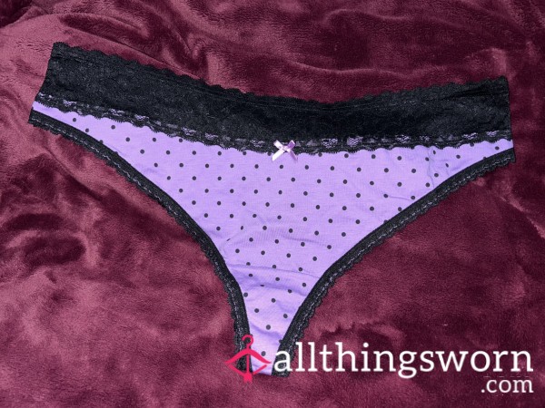 ~LIGHT PURPLE & BLACK POLKA DOT LACE TRIM COTTON THONG~