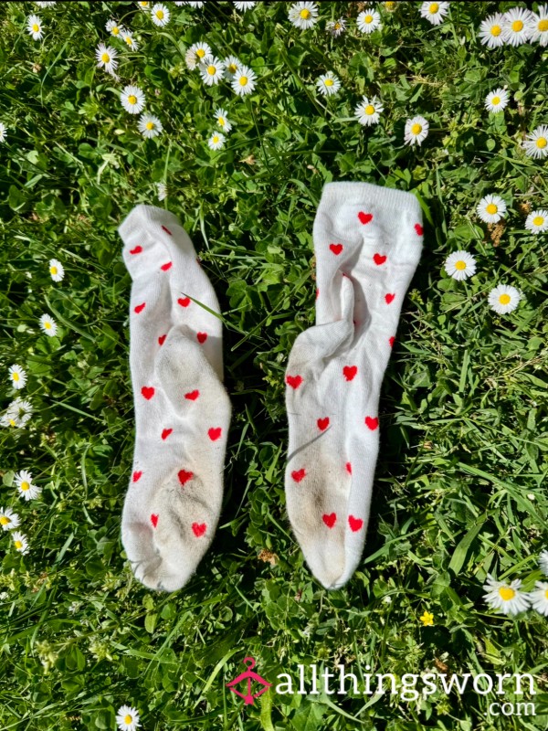 Lil Red Hearts White Crew Socks