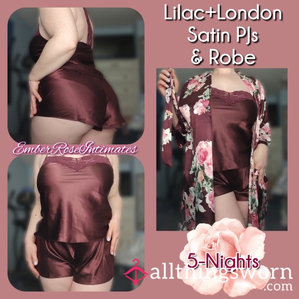 Lilac+London Maroon Satin PJs & Robe (Size Medium)