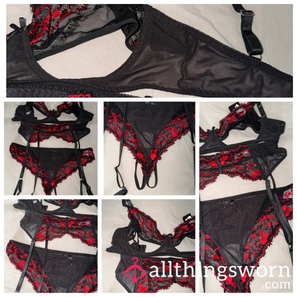 Lingerie Set 🖤 Size UK 14 ✨ Includes Bra, Crotchless Pantie And Suspender Belt ⛓️