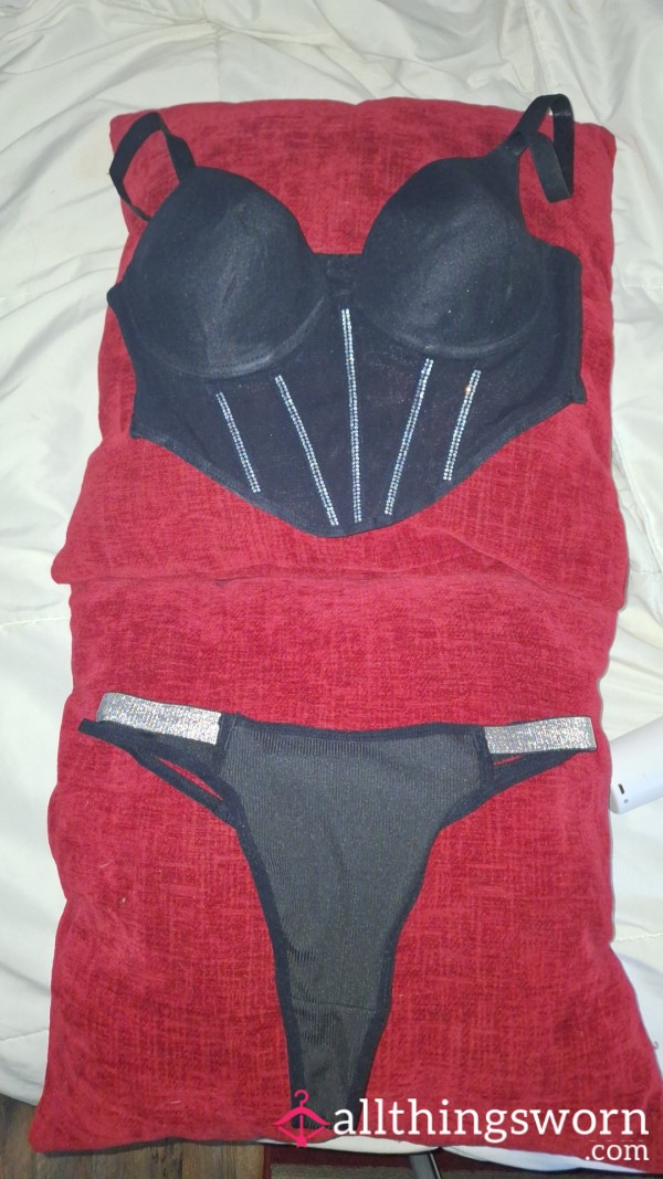 Lingerie Set With Mesh See-through G-string Diamond Encrusted Top By XOXO And So Are The Thongs