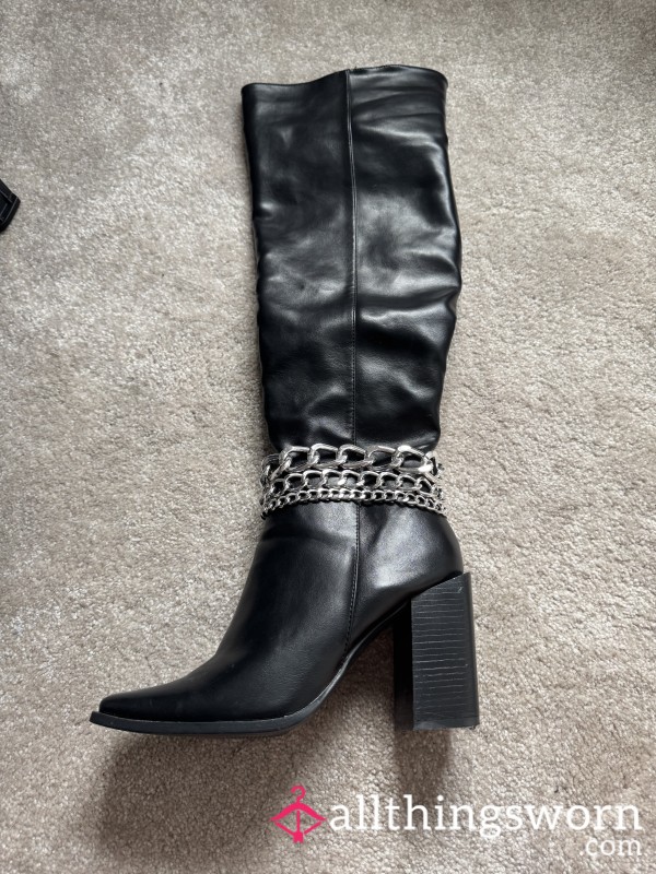 Long Black Chained Leather Boots