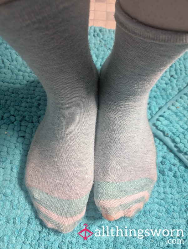Long Blue And Grey Socks With Holes