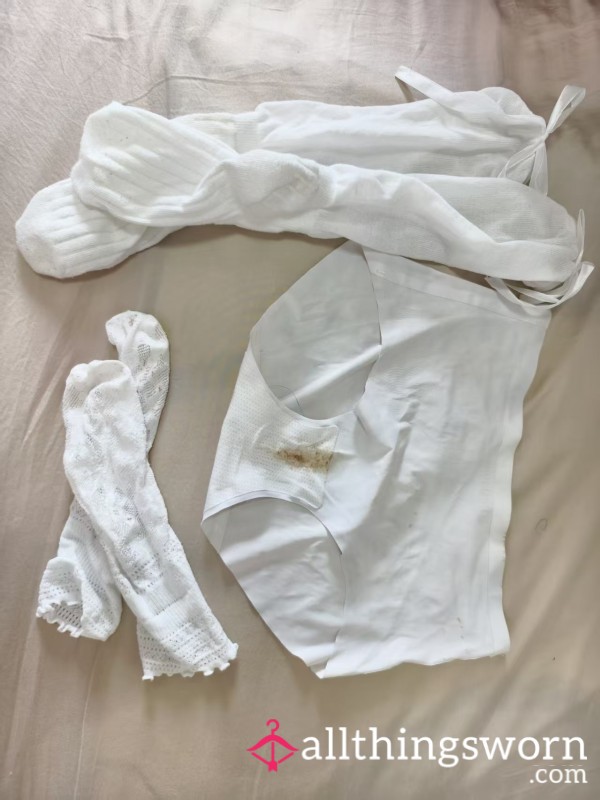 Long Day At The Office 💼 - Well-Worn White Panties & Silk Stockings Set