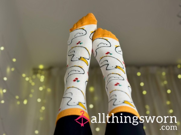 🤍Long White And Yellow Socks With Ducks💛