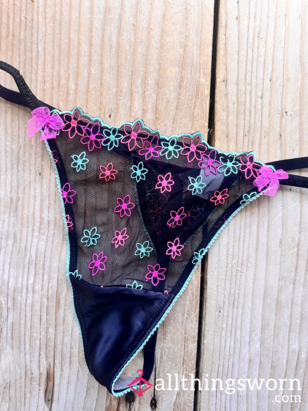 Lounge Underwear Mesh Embroidered Flor*l Thong - Black