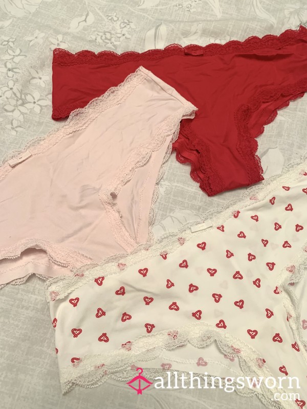 Love Heart, Red, Pink Soft Feel Nylon Knickers, Worn