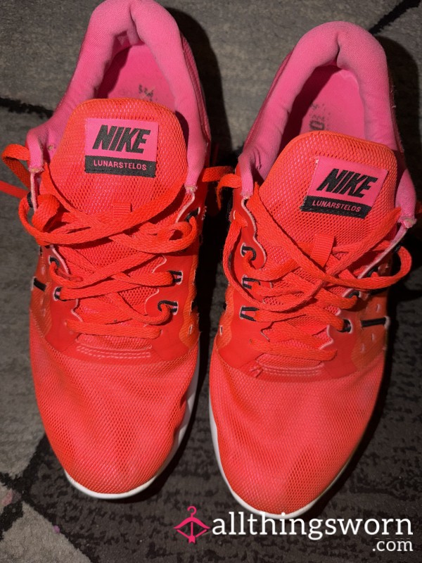 SWEATY “Pink Blast” Nike Lunarstelos Size 9.5 - Heavily Worn Gym Shoes