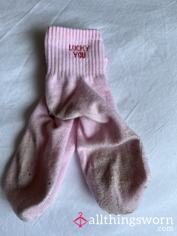 “Lucky You” Pink Socks Worn To Pole Cla** – Sweaty Gym Wear 💕