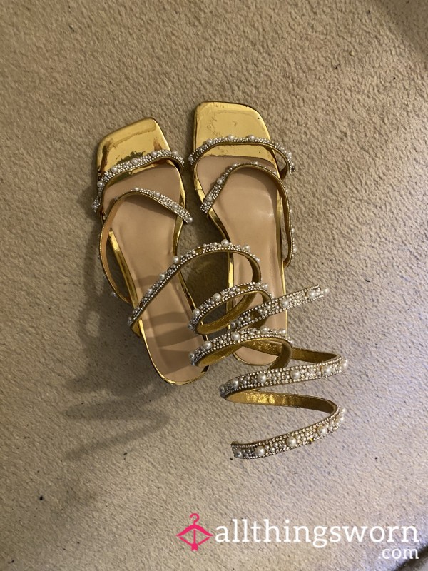 Luxury Gold Open-Toe Pearl Heels – Strappy Leg Wrap, Elegant & Worn To Perfection ✨