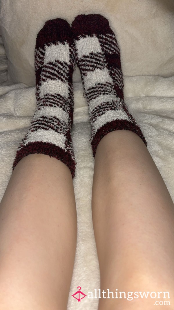 Maroon And White Fluffy Socks