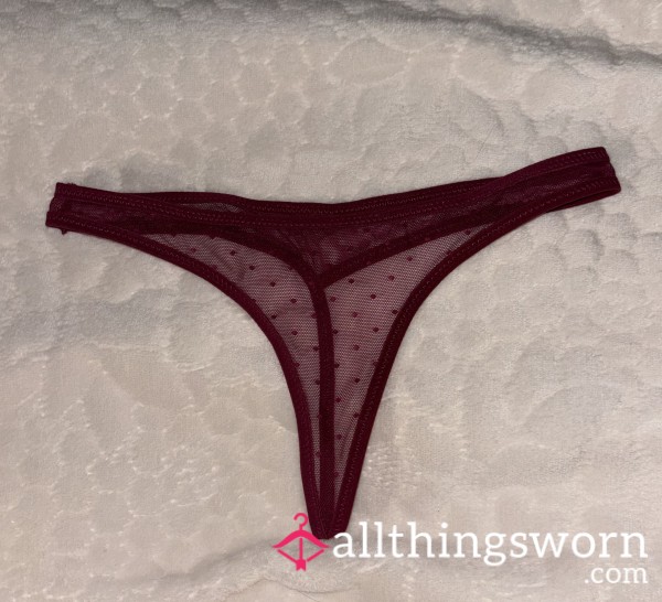 Maroon Mesh G-string With Polkadots