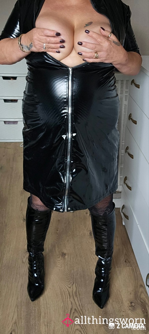 Ma**ive Boob's Shiny Patent Dress And Matching Boots