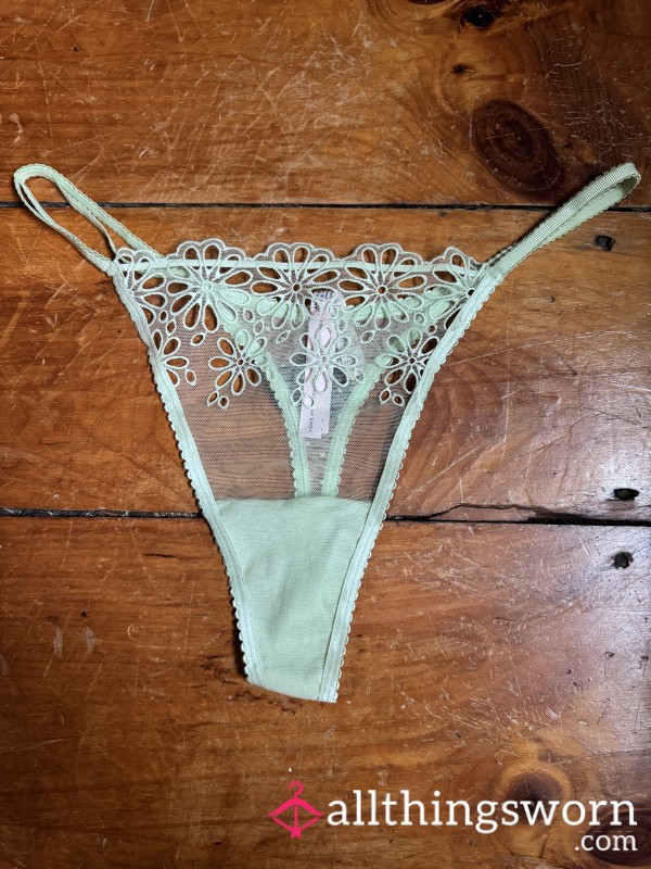 💚 Matcha Cream Dbl String Side Eyelet & Mesh Thong, XXL, VS