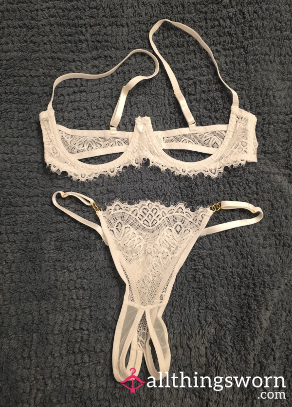 Matching White Quarter Cup Bra And Crotchless Thong