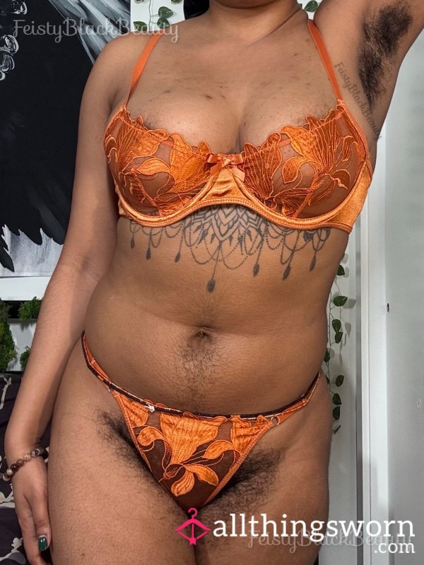 Medium Orange Lace 2 Piece Lingerie Set (Hairy, Hairy Girl, Hairy Woman, Hairy Bush, Hairy A**, Ebony, Ebony Goddess, Natural, Slim Thick)