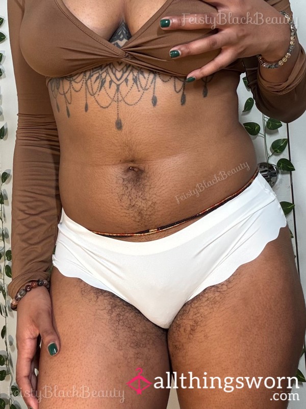 Medium White Polyester Cheeky Panties (Hairy, All Natural, Hairy Pu**y, Hairy Bush, Hairy A**, Strong Scent, Musty, Workout, Sweat, Masturbation)