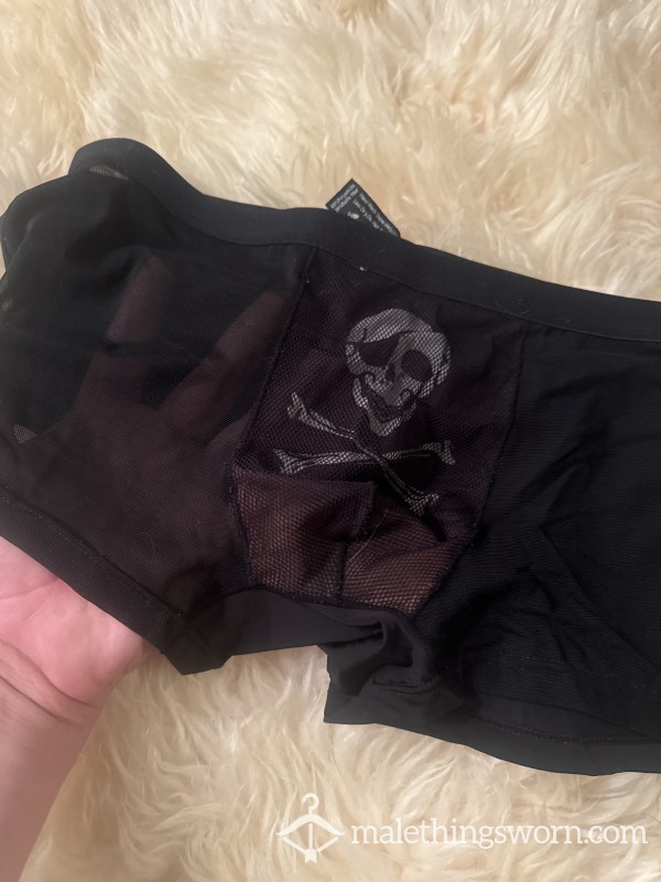 Men’s Black Trunk Cut Underwear With Mash, Overlay On Crotch And Skull And CrossbonesL