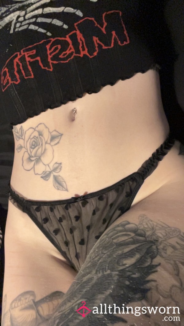 Mesh Heart Frilly Black Thongs