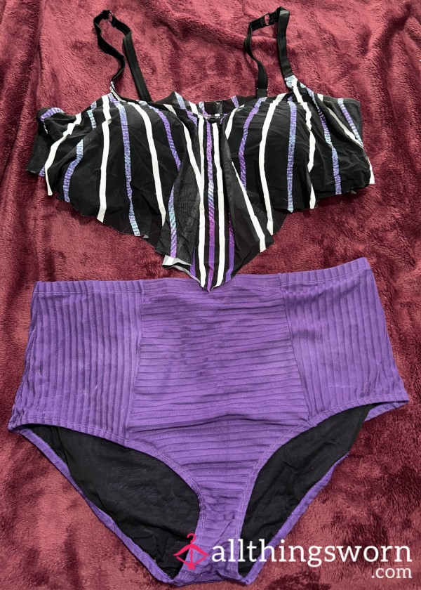 ~MESH STRIPE SWIM TOP & PURPLE RIBBED MATCHING HIGH WAIST SWIM BOTTOMS~