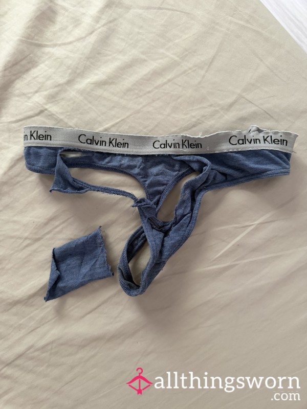 Messy 💦 Well-worn Ripped Blue Calvin Klein Thong