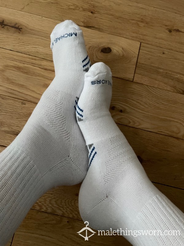 Michael Kors Chav White Sports Crew Socks With Blue & Grey Logo & Pattern