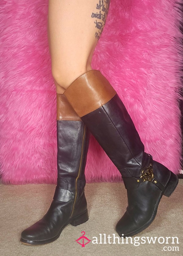 ✨️Micheal Kors Old Boots Black Real Leather Knee High Tall Boots Designer Shoes Worn Out Soles Japanese Asian Girl Tattooed Fitness Gym Model Trainer