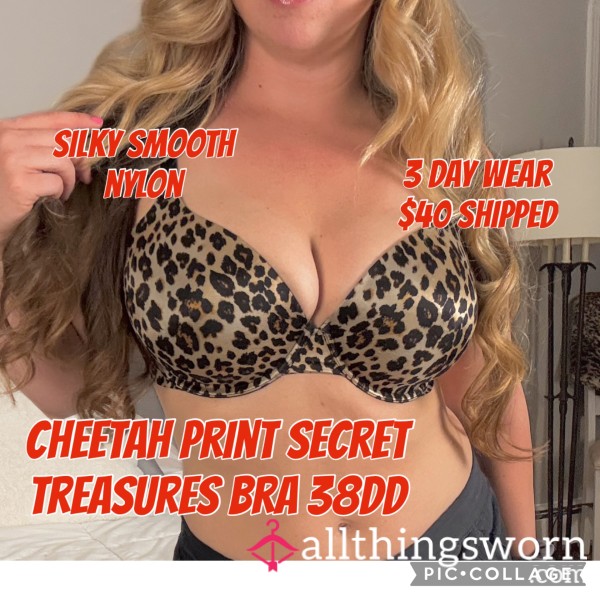 MILF Worn Cheetah Print Secret Treasures Bra 38DD Smooth Nylon 3 Day Wear $40