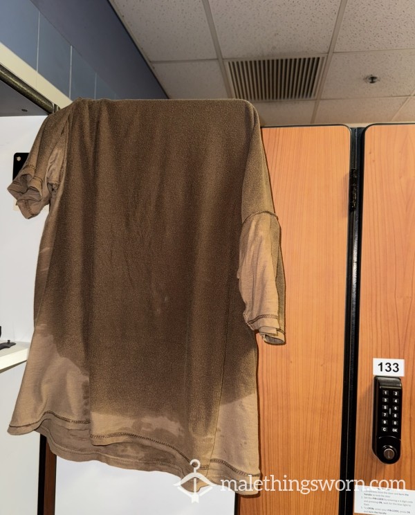 Military Dude Soaked Sweaty Brown Shirt After Gym