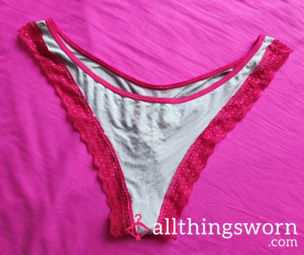 Mint Cotton Thong With Red Lace Trim