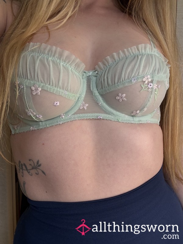 Mint Flor*l Frilly Mesh Bra