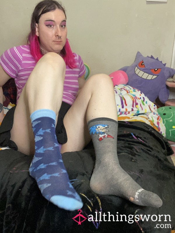 Mismatched Worn Fish And Sonic The Hedgehog Socks