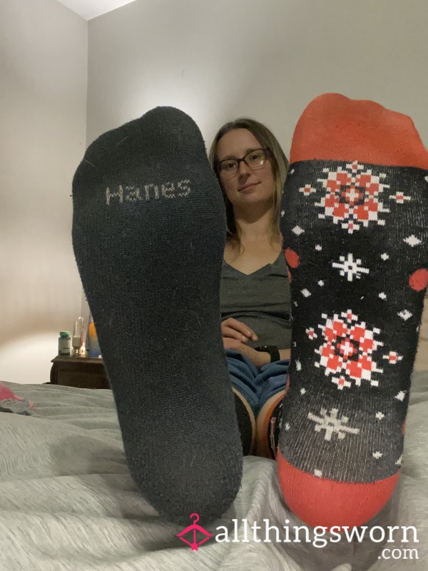 Mismatched Worn Socks | Purina Christmas Paw Print & Black Sock