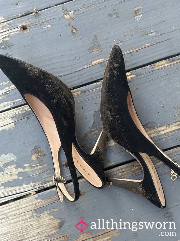 Muddy Black Suede Coach Slingback Heels