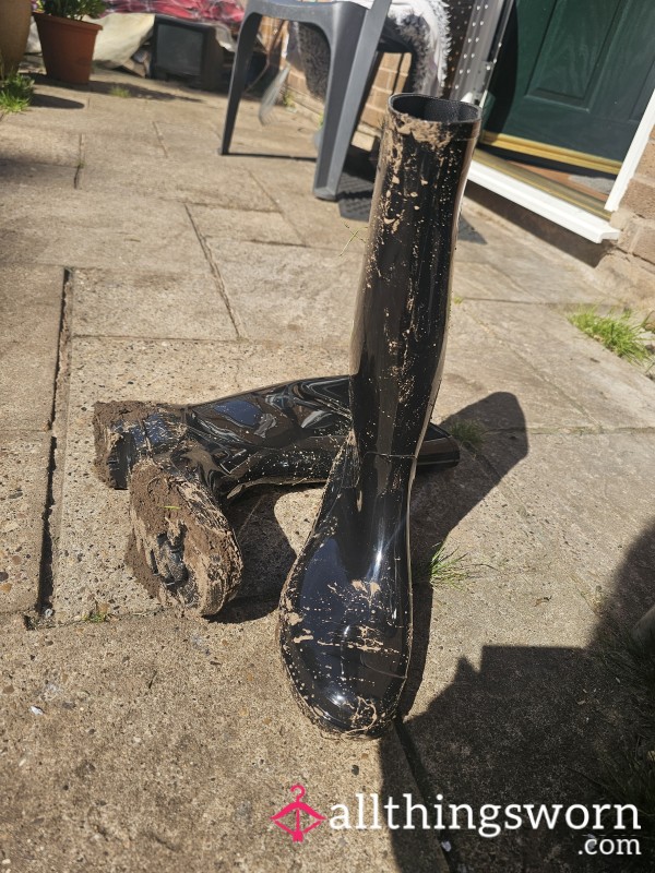 Muddy Shiny Black Wellys Well Worn.