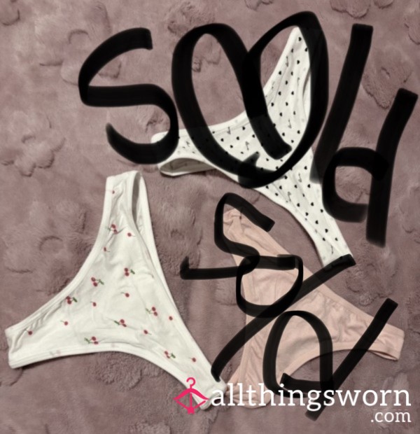My Cotton Thongs Various Colours Black Love Hearts White, Red Cherrys White And Pink Size Xs Worn On My Little Cute Size 6 A** Standard 24 Wear Add Ons Available Message For Requests All Thin
