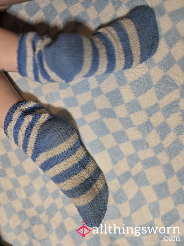 My Dirty Fluffy Striped White And Blue Socks 💙🤍