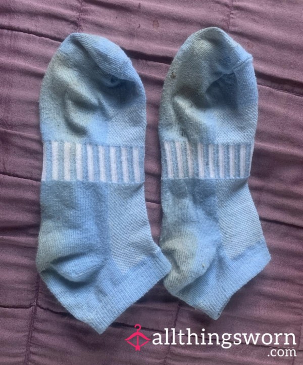 My Mums Size 6 Sweaty Smelly Yoga Gym Trainer Ankle Socks Blue White Striped