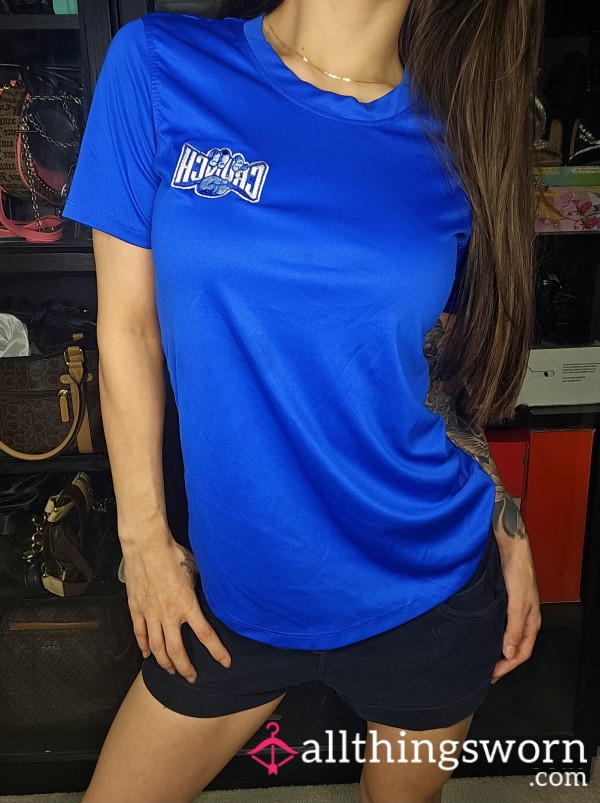 5 For $25❤️My Old Gym Work Shirt! Satin Blue T-Shirt Workout Gym Trainer Top Crunch Fitness Asian Japanese Tattooed Athletic Model Fitness Personal Trainer