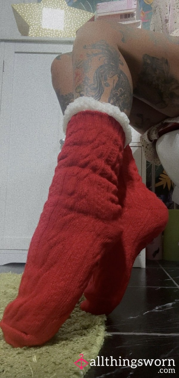 My Red Lounge Socks — Super Soft, Super Furry Inside, And Yes, They’ve Been Wrapped Around My Perfect Feet. They’re Not Just Socks, They’re A Gift From Your Goddess.