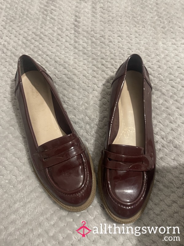 My Sisters Burgundy Leather Loafers - Worn Work Shoes - Flats - Size UK 7 - Shoe Play Video - Photo Set