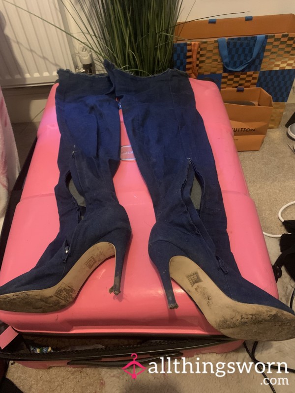 My Thigh High Denim Well Loved Boots Size 8 Stretchy Material
