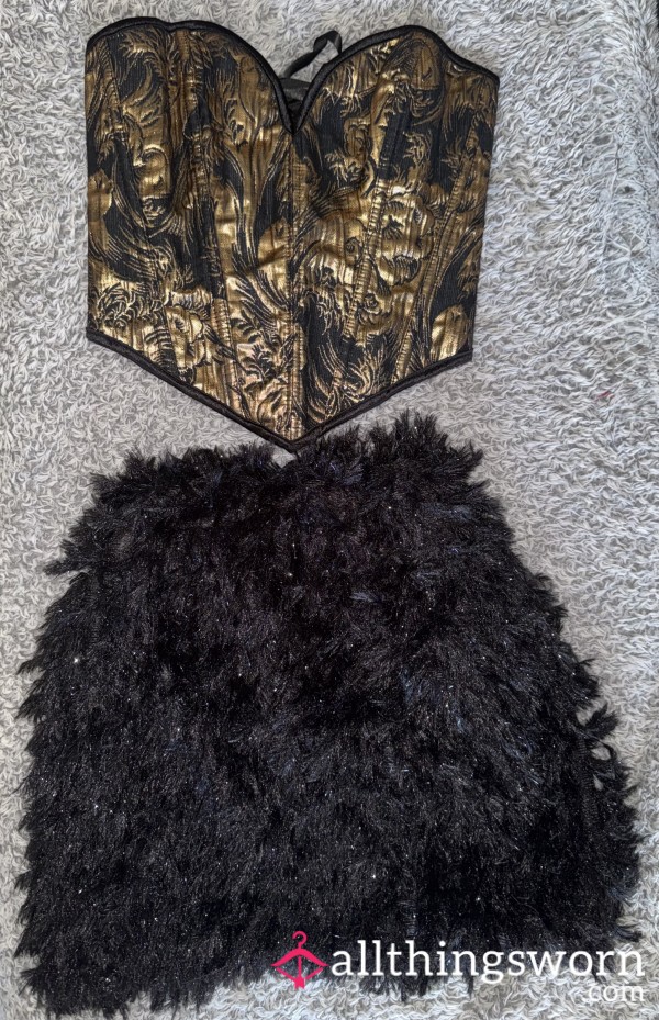 Naughty Burlesque Party Gold Corset & Feather Skirt Set