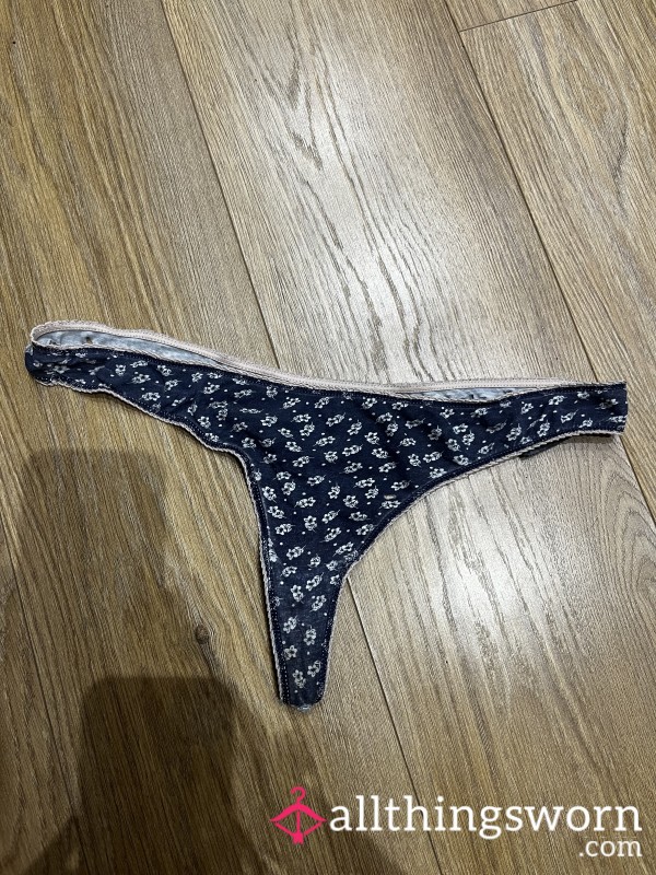 Navy Blue Flor*l Cotton Thong
