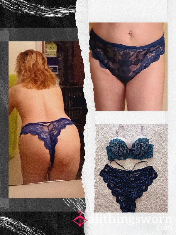 Navy Blue Lace Hipster Thong Panties
