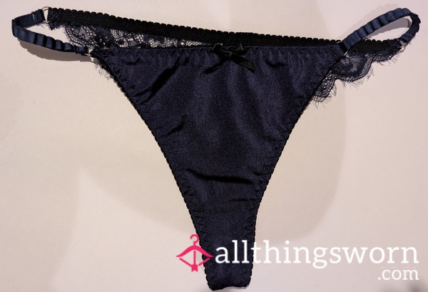 Navy Blue Satin And Lace Thong