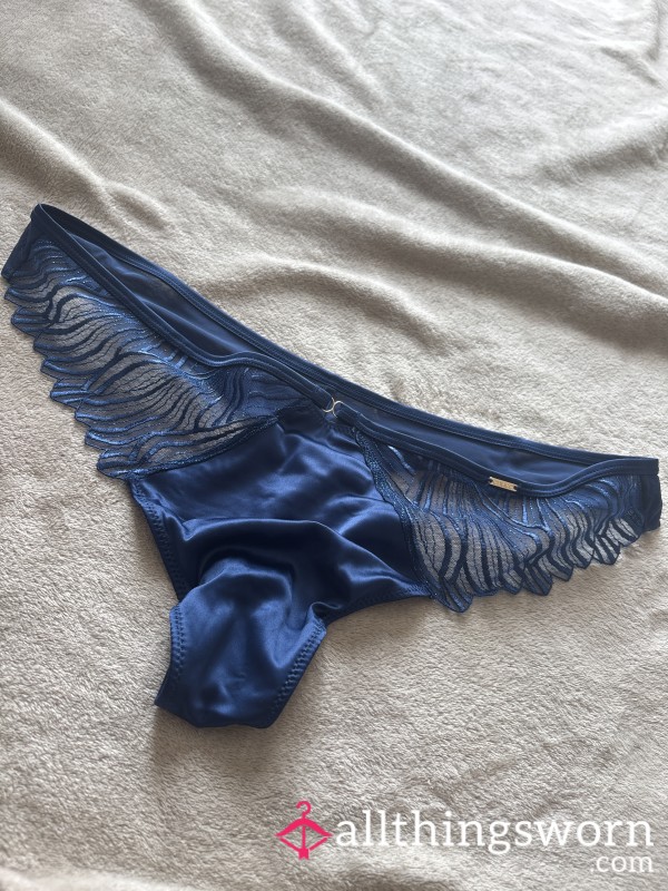Navy Blue Silk Trim Lace Mesh Thong Panties Knickers Used Worn Size 16 Uk Women’s
